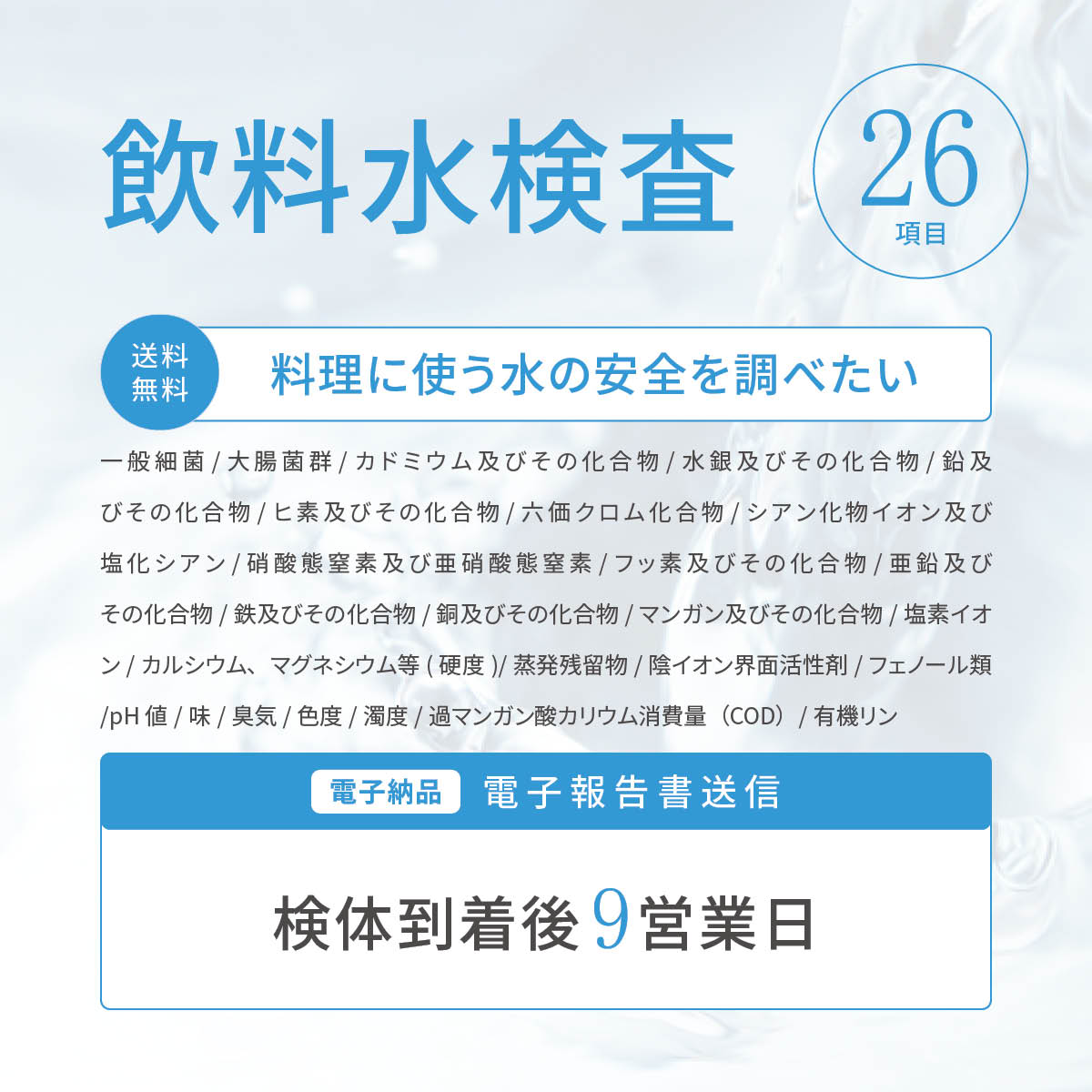 水質検査【26項目検査セット（食品製造用水の水質検査）】